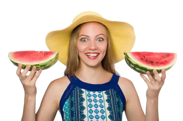 Woman with watermelon isolated on white — Stock Photo, Image