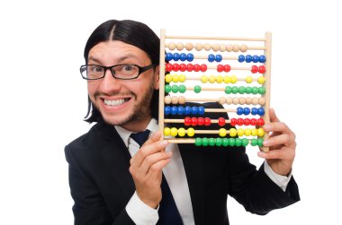 Hesap makinesi ve abaküsü olan komik bir adam.