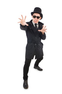 Siyah ceketli genç dedektif, beyazın üzerinde izole edilmiş.