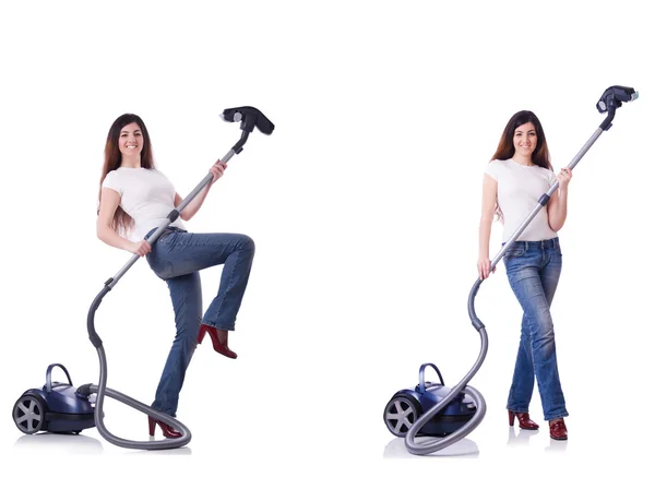 Collage av kvinna rengöring med dammsugare — Stockfoto