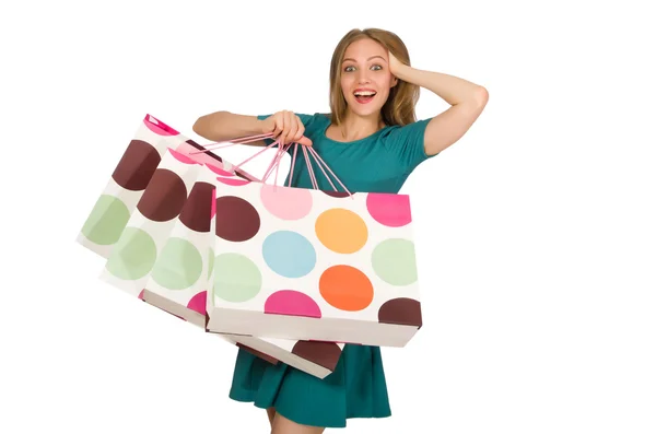 Mulher no conceito de compras de Natal em branco — Fotografia de Stock