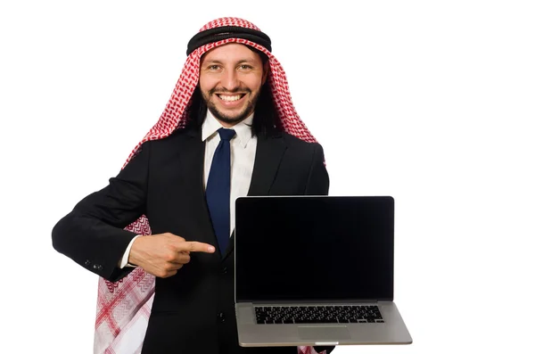 Arabischer Geschäftsmann mit Computer auf Weiß — Stockfoto