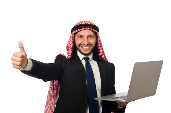 Arabischer Geschäftsmann mit Computer auf Weiß — Stockfoto