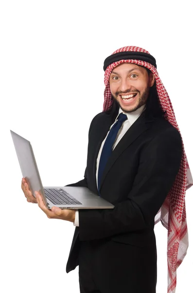 Hombre de negocios árabe con computadora en blanco — Foto de Stock