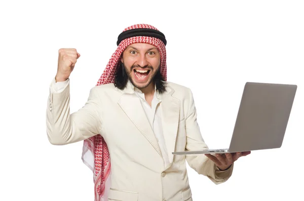 Uomo d'affari arabo con computer su bianco — Foto Stock