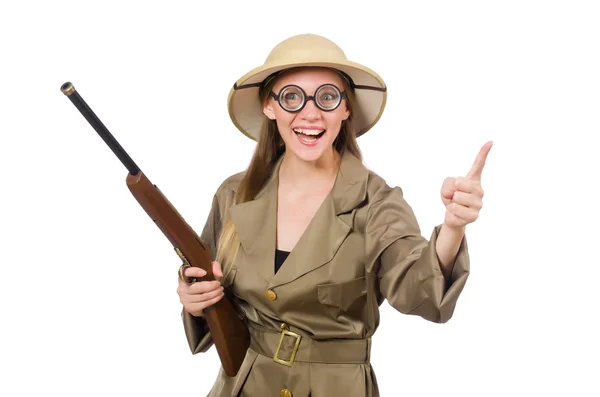 Woman wearing safari hat on white — Stock Photo, Image