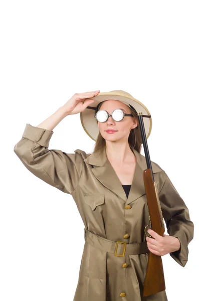 Mujer con sombrero de safari en blanco —  Fotos de Stock