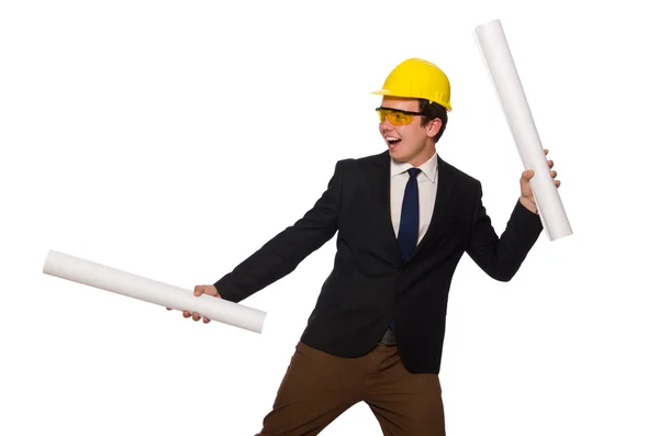 Funny architect with drawings on white — Stock Photo, Image