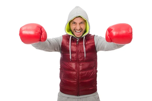 Man wearing boxing gloves isolated on white — Stock Photo, Image