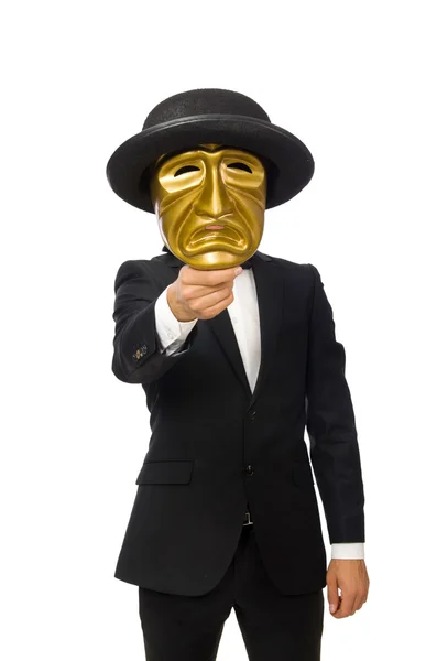 Muž s divadelní maskou izolovaný na bílém — Stock fotografie