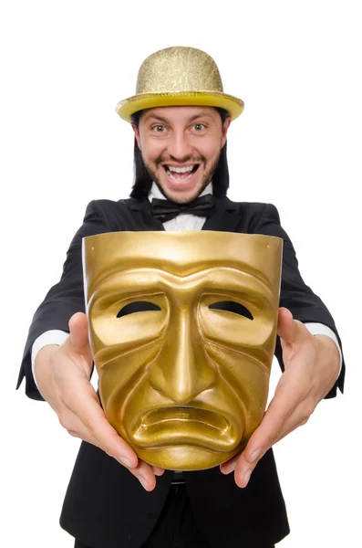 Homme avec masque de théâtre isolé sur blanc — Photo