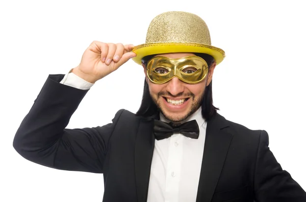 Lustiger Mann mit Maske auf weißem Hintergrund — Stockfoto