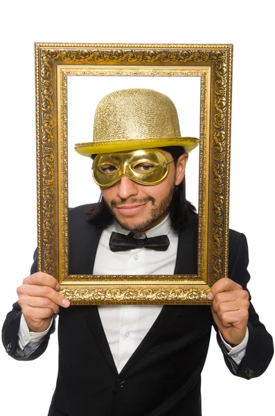 Vtipný muž s obrázkovým rámem na bílém — Stock fotografie