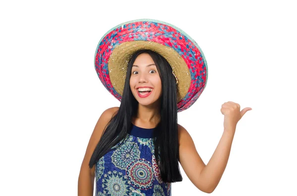Jonge aantrekkelijke vrouw dragen sombrero op wit — Stockfoto