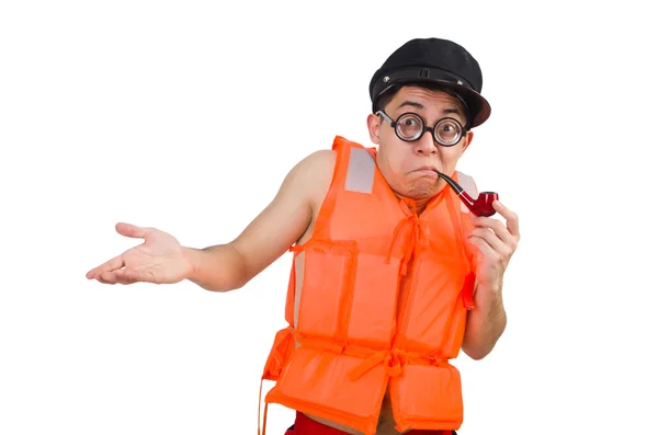 Homme drôle portant gilet de sécurité orange — Photo