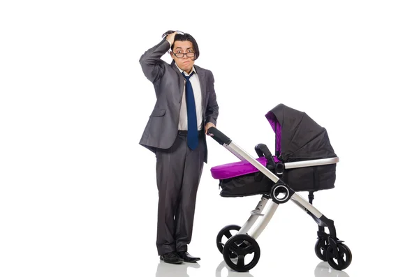 Funny dad with baby and pram on white