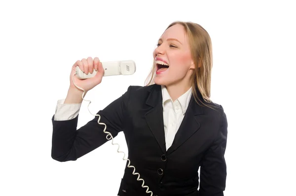 Csinos irodai alkalmazott tartja telefon elszigetelt fehér — Stock Fotó