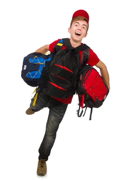 Mladý cestovatel s batohem izolovaným na bílém — Stock fotografie
