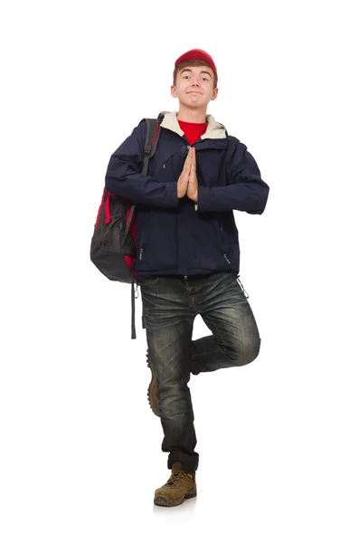 Young traveller with backpack isolated on white — Stock Photo, Image