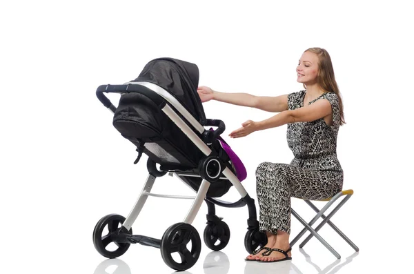 Happy mom with her baby in pram — Stock Photo, Image