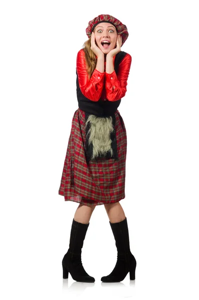 Funny woman in scottish clothing on white — Stock Photo, Image