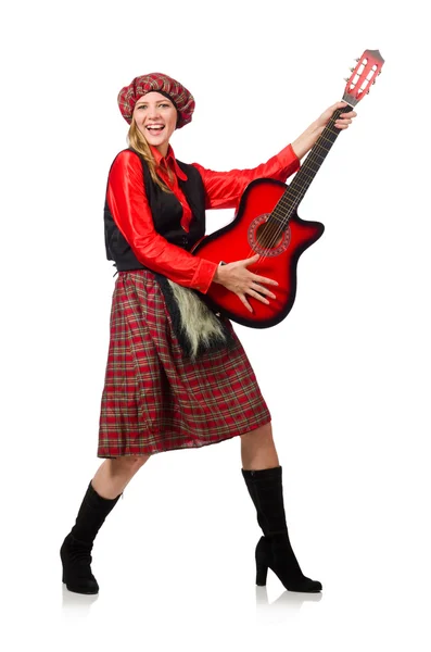 Funny woman in scottish clothing with guitar — Stock Photo, Image