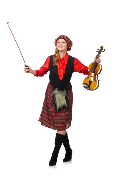 Grappige vrouw in Schotse kleding met viool — Stockfoto