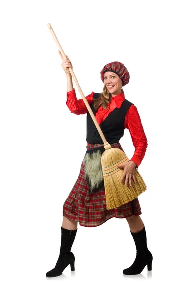 ほうきを持つスコットランド服の面白い女性 — ストック写真