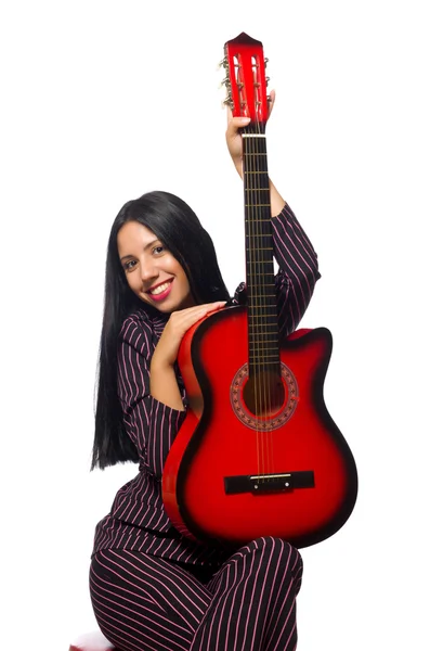 Mulher guitarrista isolado no branco — Fotografia de Stock