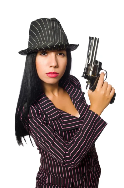 Gangster donna con pistola isolata su bianco — Foto Stock