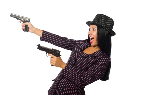 Gangster mulher com arma isolada no branco — Fotografia de Stock