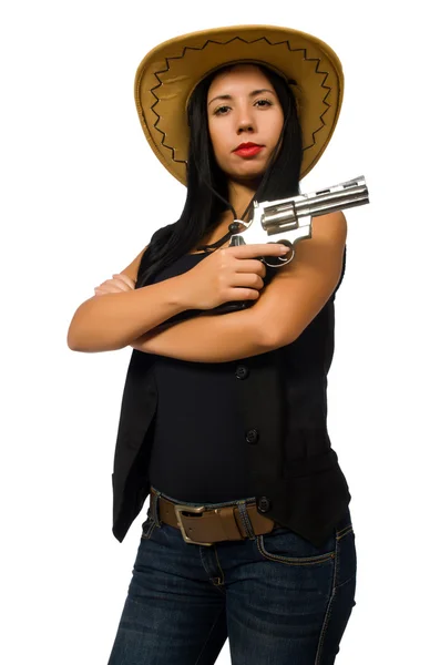 Young woman with gun isolated on white — Stock Photo, Image