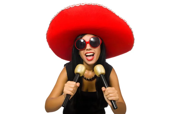 Jovem mulher atraente vestindo sombrero no branco — Fotografia de Stock