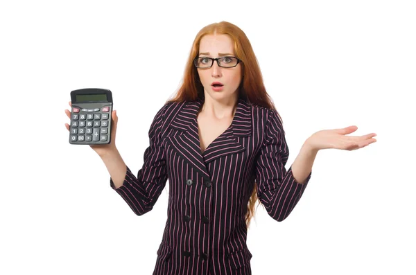 Young businesswoman with calculator on white — Stock Photo, Image