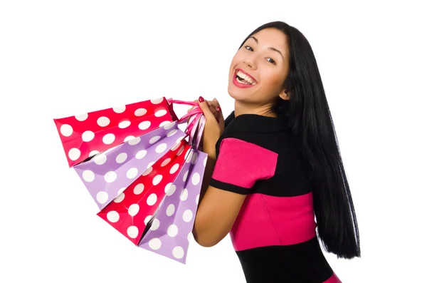 Mujer en el concepto de compras de Navidad en blanco —  Fotos de Stock