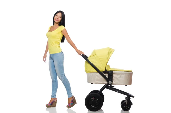 Vrouw met baby en kinderwagen geïsoleerd op wit — Stockfoto