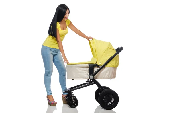 Vrouw met baby en kinderwagen geïsoleerd op wit — Stockfoto