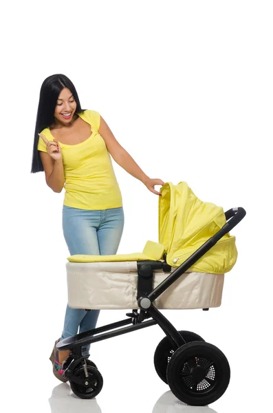 Vrouw met baby en kinderwagen geïsoleerd op wit — Stockfoto