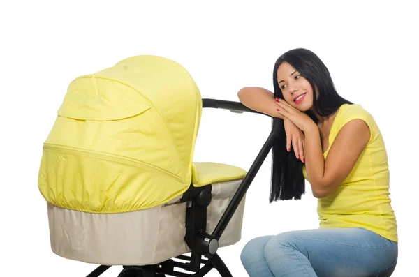 Frau mit Baby und Kinderwagen isoliert auf weißem Grund — Stockfoto