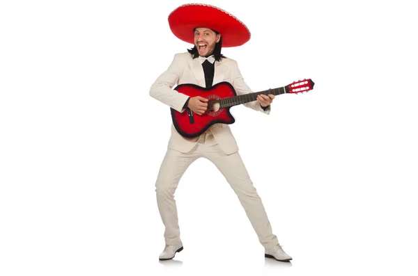 Mexicano engraçado em terno segurando guitarra isolada no branco — Fotografia de Stock