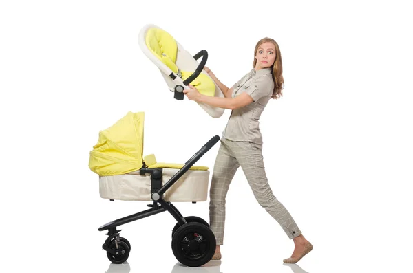 Kvinna med barnvagn isolerad på vit — Stockfoto