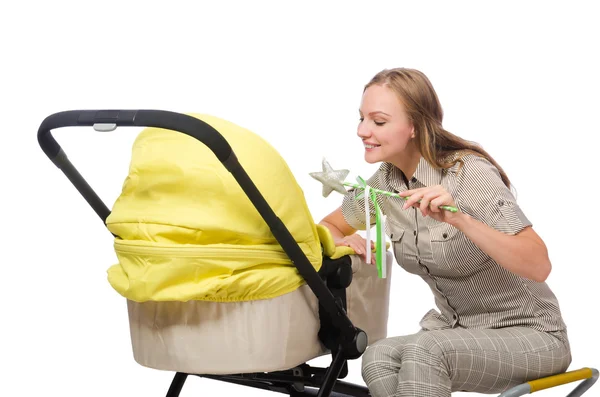 Mulher com carrinho isolado em branco — Fotografia de Stock