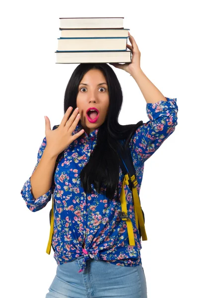 Young female student with books on white — Stock Photo, Image