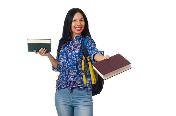 Ung kvinnelig student med bøker om hvitt – stockfoto