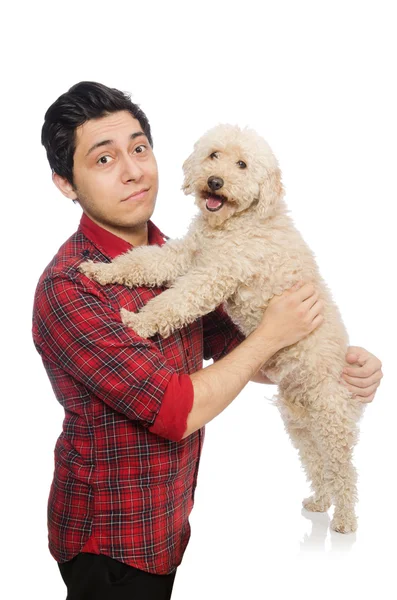 Young man with dog isolated on white — Stock Photo, Image
