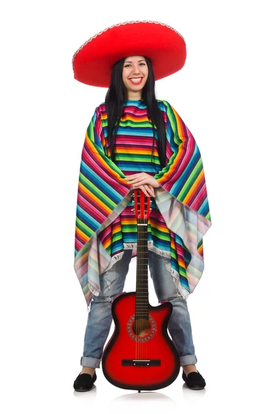 Woman mexican guitar player on white — Stock Photo, Image