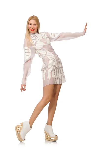 Kobieta ubrana w białą sukienkę na białym tle — Zdjęcie stockowe