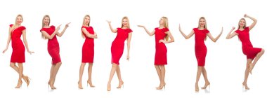 Kırmızı elbiseli kadın beyaz giyindi.