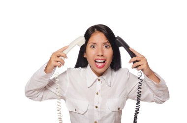 Beyaz üzerine komik iş konsepti olan bir kadın