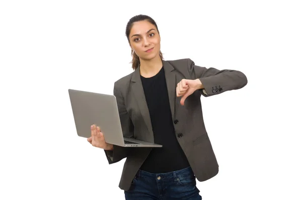 Junge Studentin mit Laptop auf weißem Hintergrund — Stockfoto